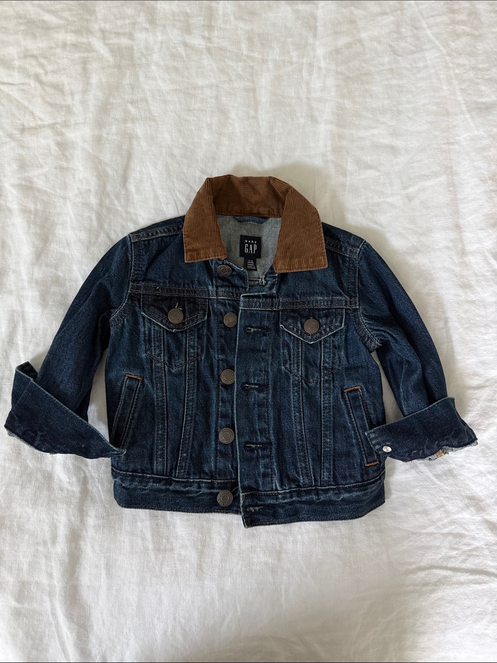 GAP Baby Dark Blue Denim Jacket with Brown Corduroy Collar